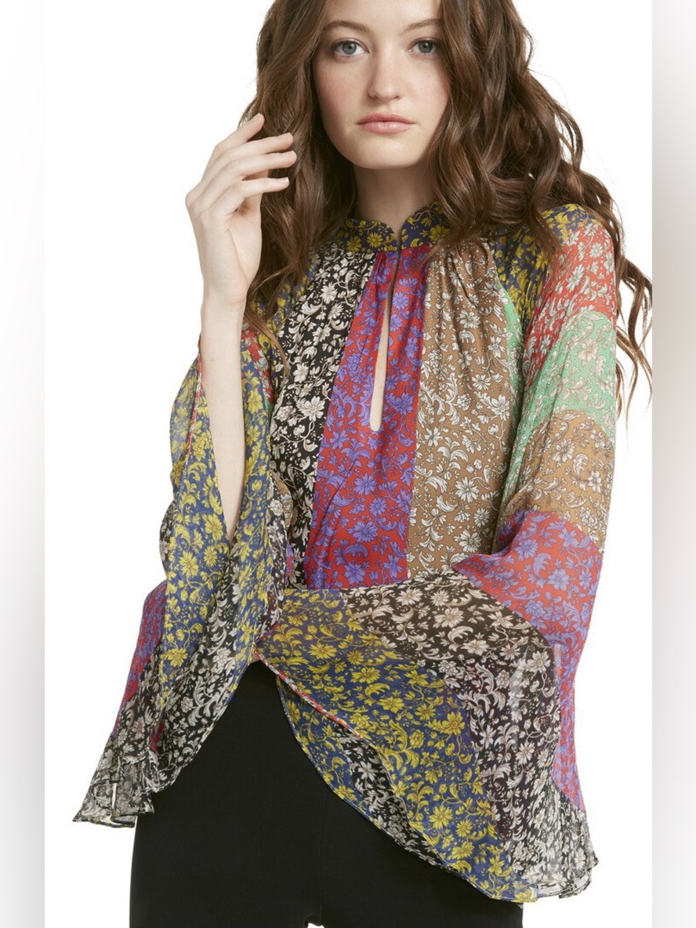 Alice + Olivia Prija Patchwork Floral Boho Bell Sleeve Top XS